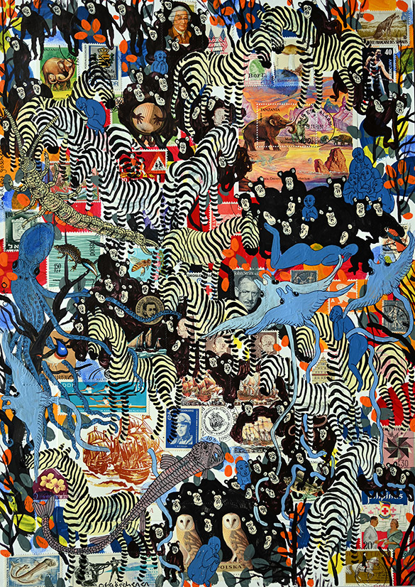 Wunderkammer Göschenen 17 by OtGO 2025 ink & acryl on original Stamps, 420 x 297 mm