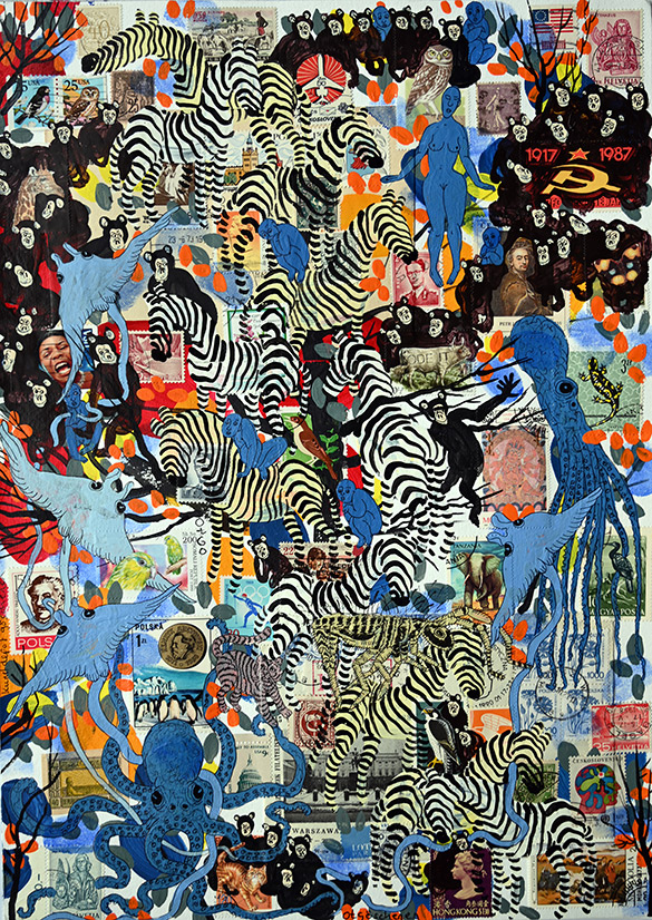 Wunderkammer Göschenen 20 by OtGO 2025 ink & acryl on original Stamps, 420 x 297 mm