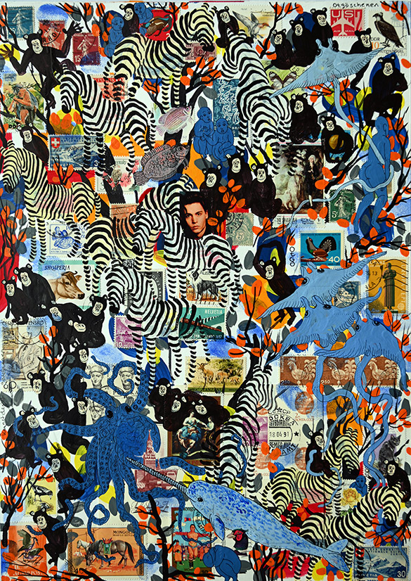 Wunderkammer Göschenen 30 by OtGO 2025 ink & acryl on original Stamps, 420 x 297 mm