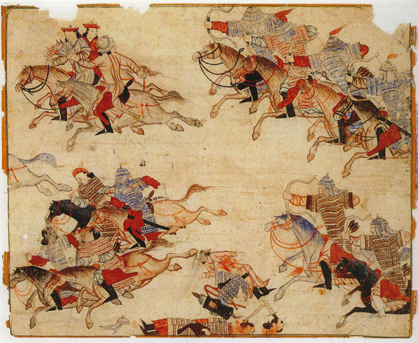 Mounted warriors pursue enemies. Illustration of Rashid-ad-Din's Gami' at-tawarih. OTGO - National University of Mongolia