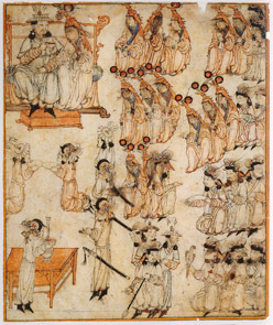 Enthronization of a Mongol ruler. Right part of a double-page illustration of Rashid-ad-Din's Gami' at-tawarih. OTGO - National University of Mongolia