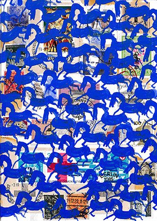 Cabinet of Curiosities Horses 22 by OtGO 2024-2025, ink and acryl on original Stamps, 210 x 148  mm (A5)