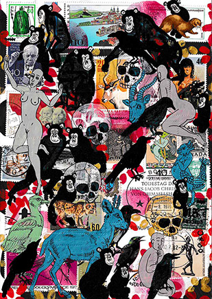 Cabinet of Curiosities Memento Mori 3 by OtGO 2024-2025, ink and acryl on original Stamps, 210 x 148  mm (A5)