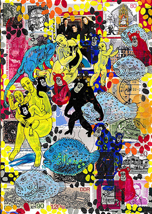 Cabinet of Curiosities 28 by OtGO 2022-2024  ink and acryl on original Stamps, 210 x 148  mm
