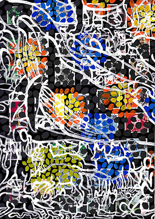Wunderkammer - 85 by OtGO 2023-20024, consists of 100 equal-sized single paintings, Acryl on original Stamps, black A4 paper, each measuring 210 by 297 mm (Wunderkammer: 100 pictures with about 6000 stamps)