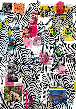 Wunderkammer Zebras 2 by OtGO 2023-2024 acryl on original Stamps, 210 x 148  mm
