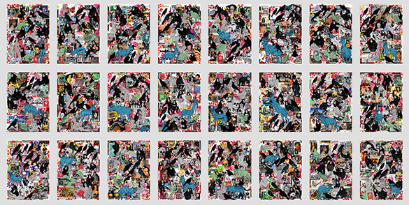 Cabinet of Curiosities Memento Mori 24 pictures with about 430 stamps by OtGO  2024-2025, consists of 24 equal-sized single paintings, ink and acryl on original Stamps, each measuring 210 by 148 mm (A5)