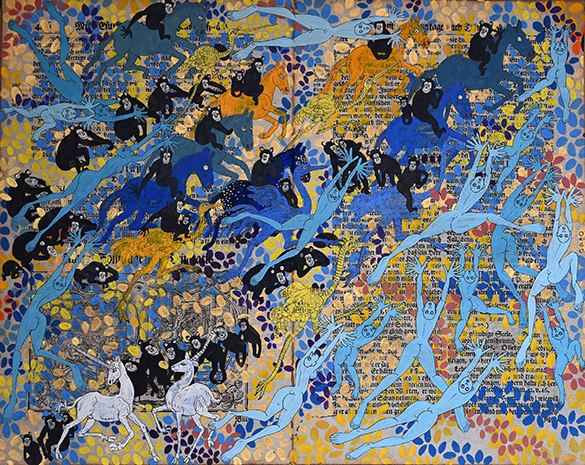 Belget Guruus: Unicorn 10/12 by OtGO 1747-2025, ink and acryl on original paper from 1747. consists of 12 equal-sized single paintings 69 x 255 cm. each measuring 34,5 x 42,5 cm