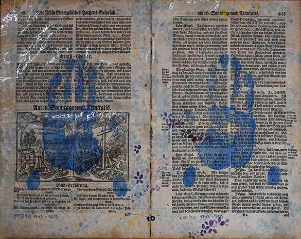 Belget Guruus: Unicorn Backside 10/12 by OtGO 1747-2025, ink and acryl on original paper from 1747. consists of 12 equal-sized single paintings 69 x 255 cm. each measuring 34,5 x 42,5 cm