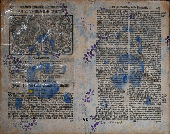 Belget Guruus: Unicorn Backside 12/12 by OtGO 1747-2025, ink and acryl on original paper from 1747. consists of 12 equal-sized single paintings 69 x 255 cm. each measuring 34,5 x 42,5 cm