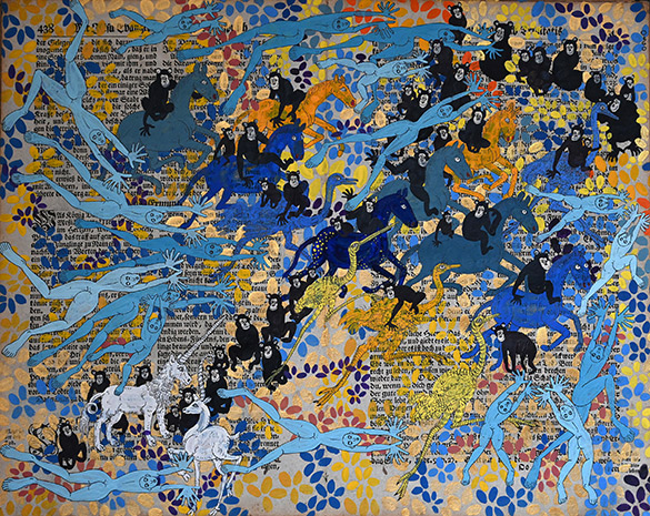 Belget Guruus: Unicorn 2/12 by OtGO 1747-2025, ink and acryl on original paper from 1747. consists of 12 equal-sized single paintings 69 x 255 cm. each measuring 34,5 x 42,5 cm