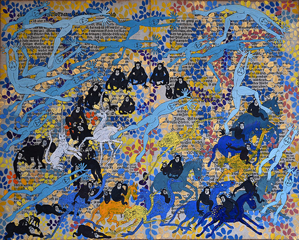 Belget Guruus: Unicorn 7/12 by OtGO 1747-2025, ink and acryl on original paper from 1747. consists of 12 equal-sized single paintings 69 x 255 cm. each measuring 34,5 x 42,5 cm