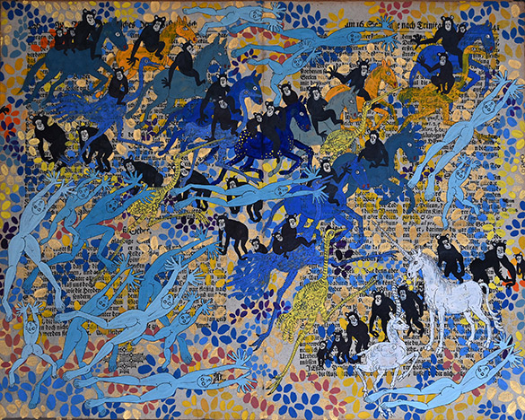 Belget Guruus: Unicorn 8/12 by OtGO 1747-2025, ink and acryl on original paper from 1747. consists of 12 equal-sized single paintings 69 x 255 cm. each measuring 34,5 x 42,5 cm