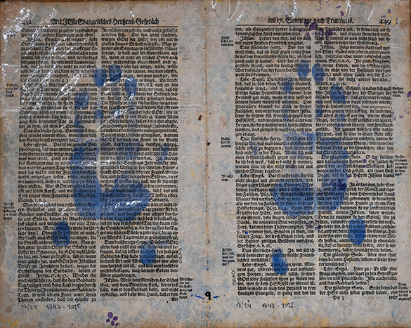 Belget Guruus: Unicorn Backside 9/12 by OtGO 1747-2025, ink and acryl on original paper from 1747. consists of 12 equal-sized single paintings 69 x 255 cm. each measuring 34,5 x 42,5 cm